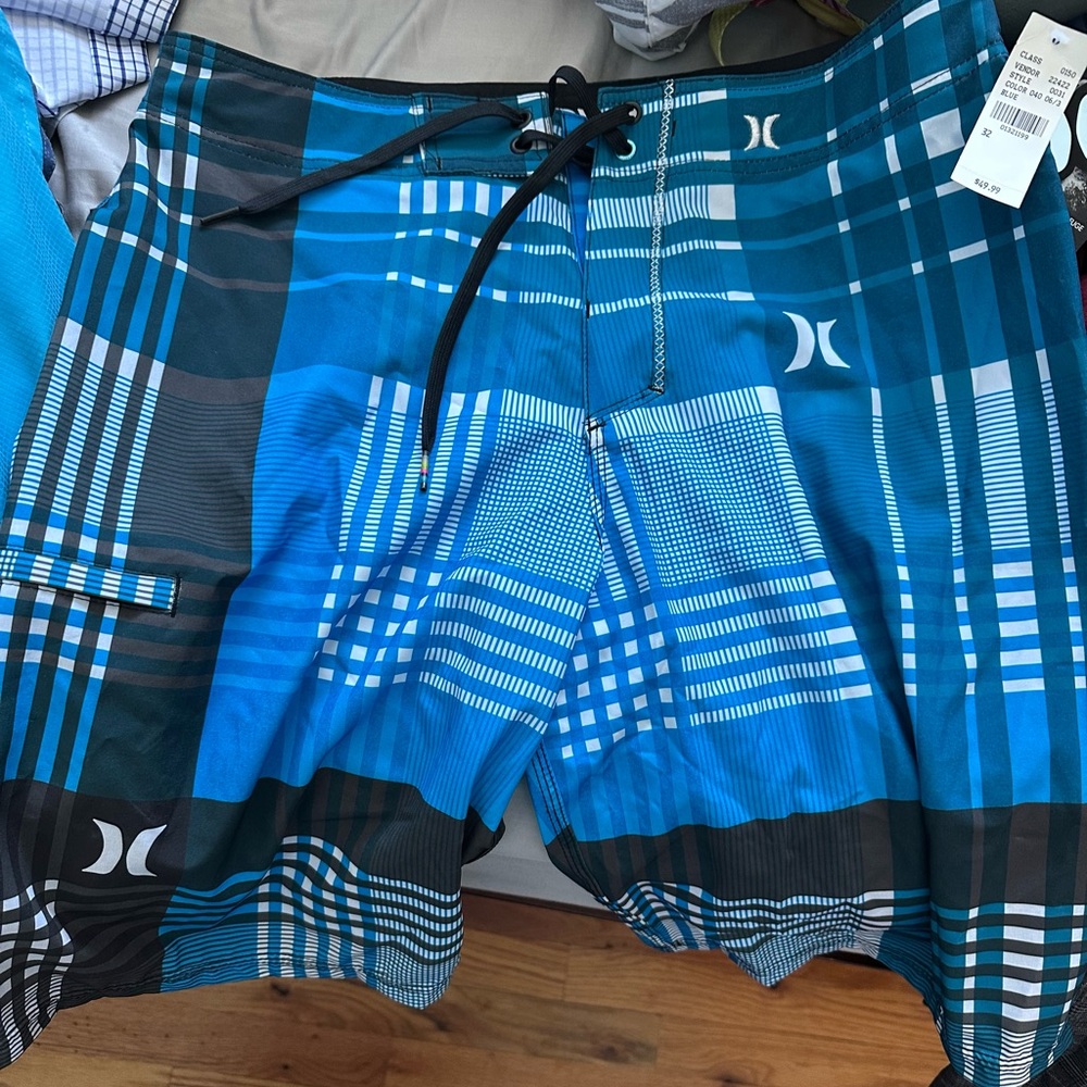 Hurley Men's Blue and Black Plaid Hybrid Shorts